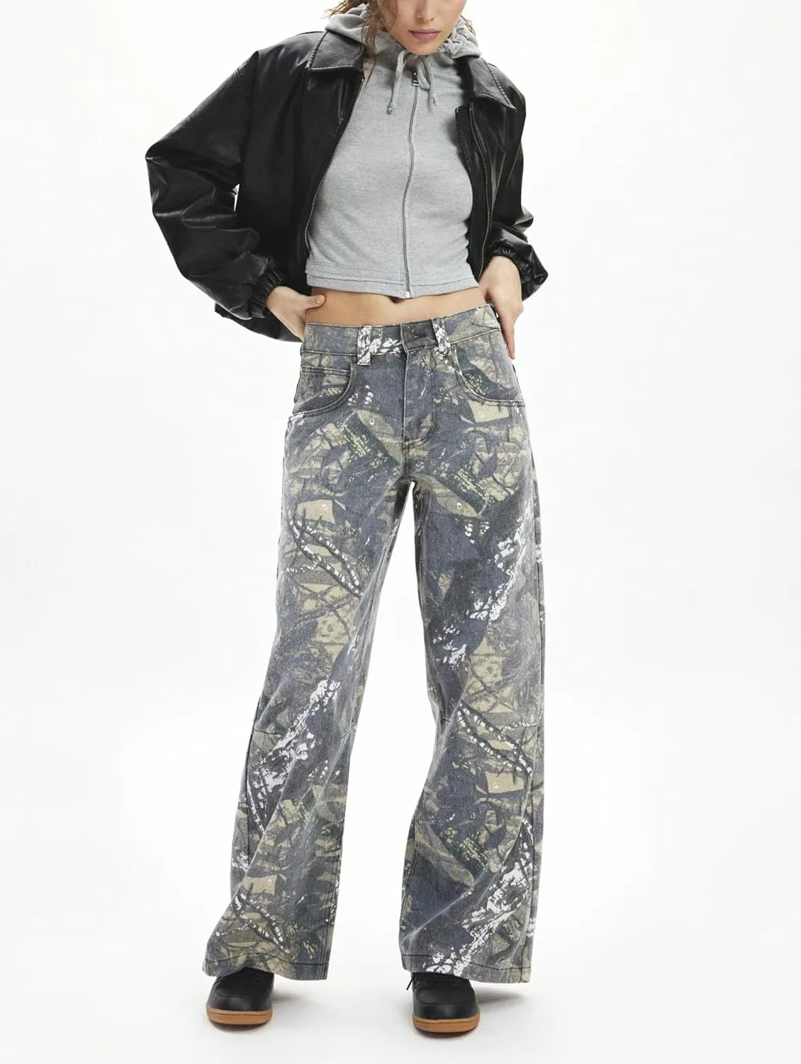 Women Camo Jeans Wide Leg Denim Pants Mid Waist Baggy Jeans Trousers