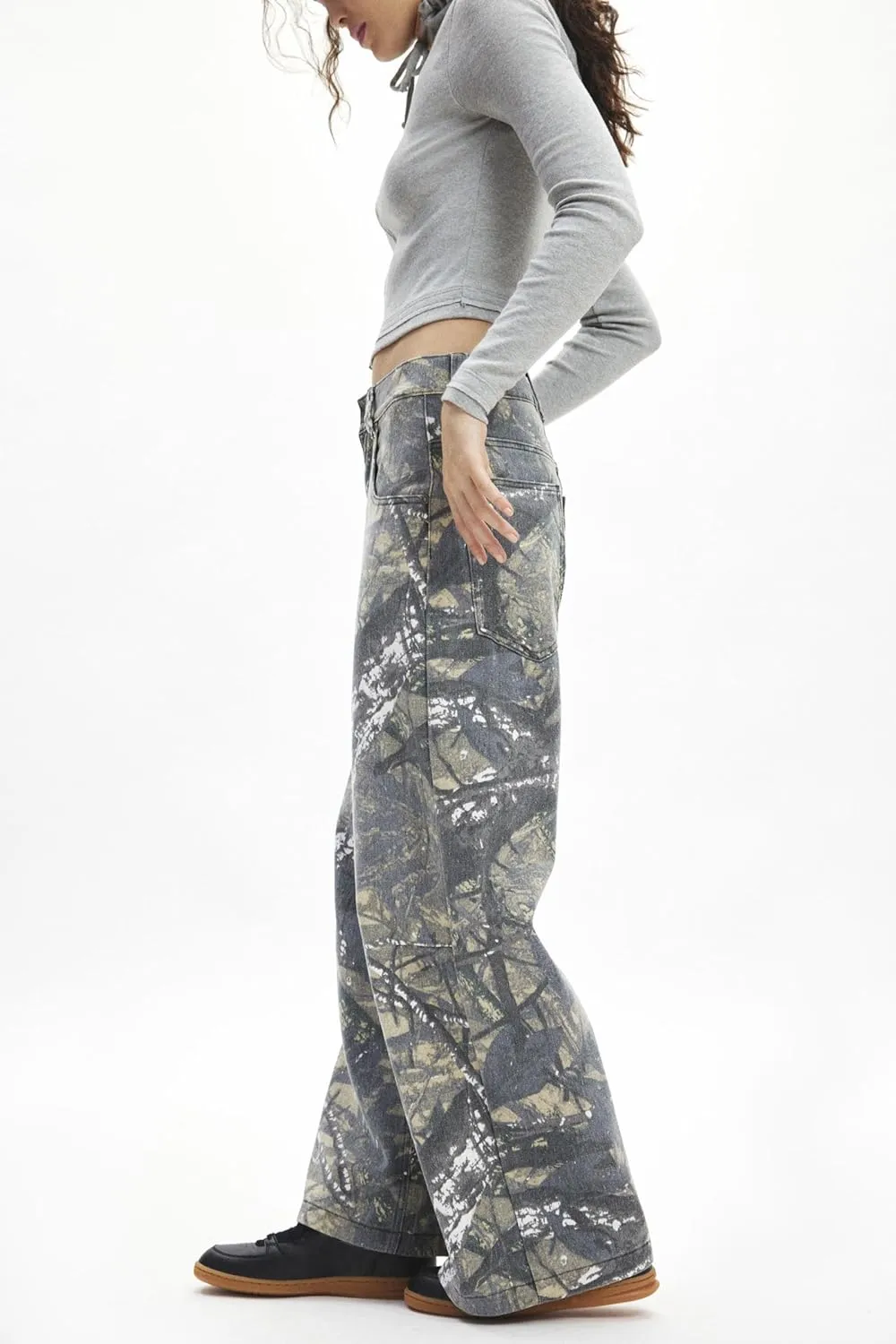 Women Camo Jeans Wide Leg Denim Pants Mid Waist Baggy Jeans Trousers