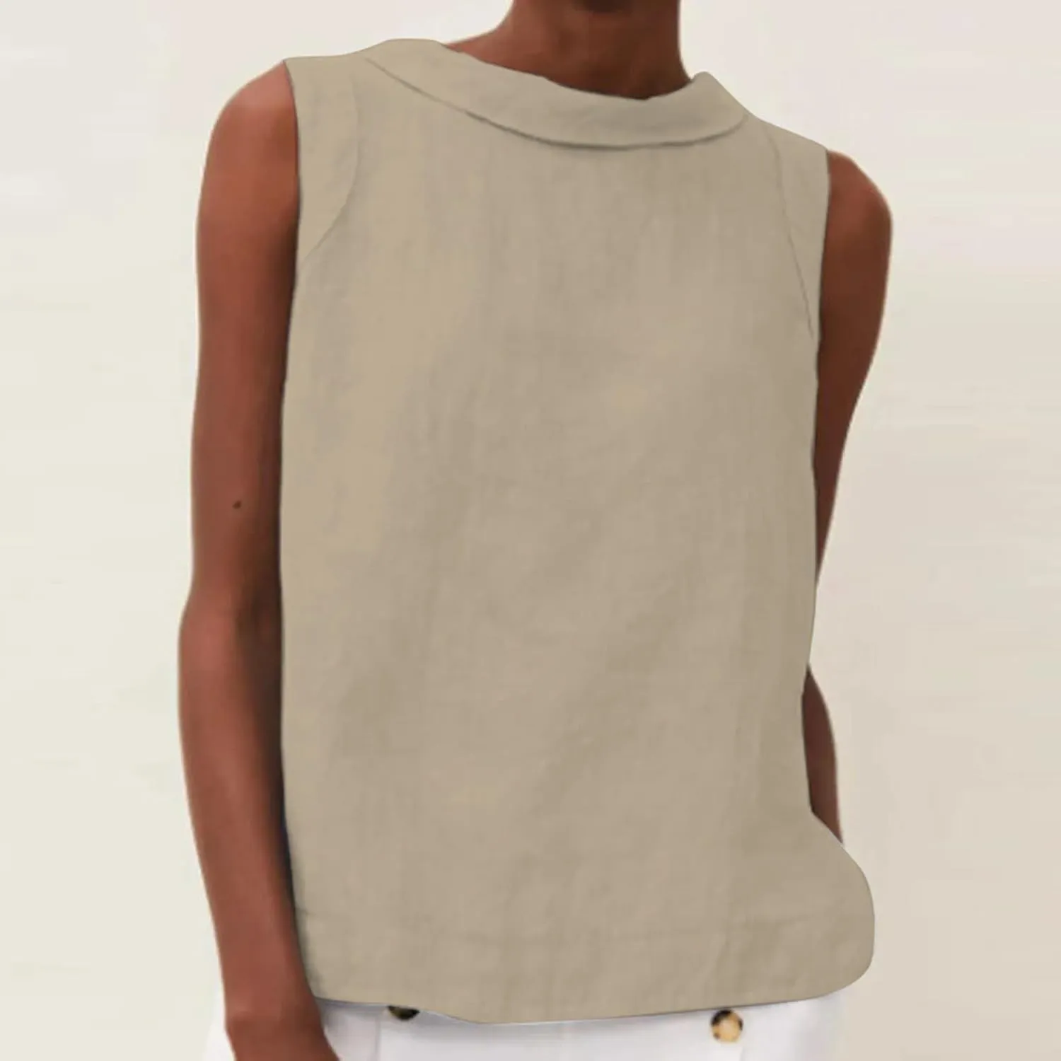 Women Cotton Linen Sleeveless Crop Tank Tops O Neck Shirt Casual Solid Color Loose Fit Comfy T-Shirt Blouse Vest