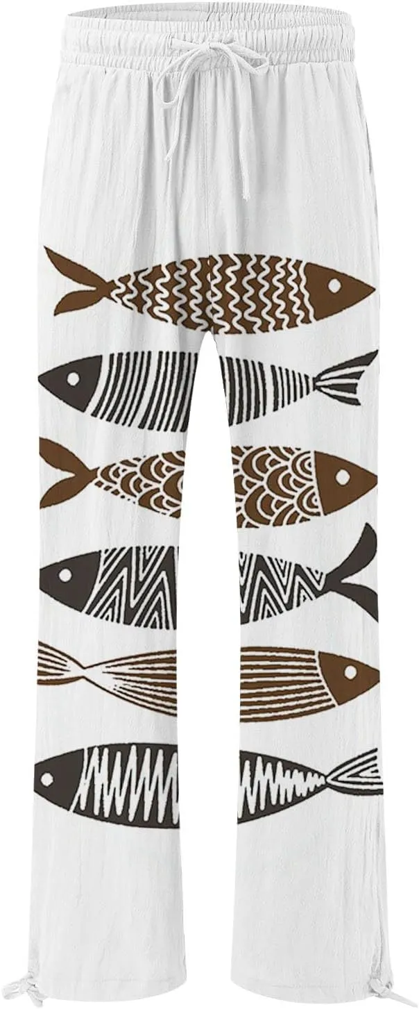 Women High Waisted Wide Leg Fish Art Printed Pants Summer Beach Trousers Casual Long Loungewear Pants with Pockets