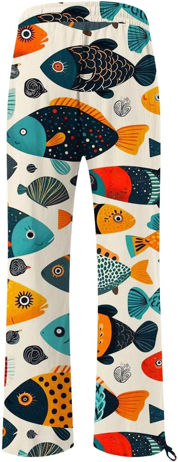 Women High Waisted Wide Leg Fish Art Printed Pants Summer Beach Trousers Casual Long Loungewear Pants with Pockets