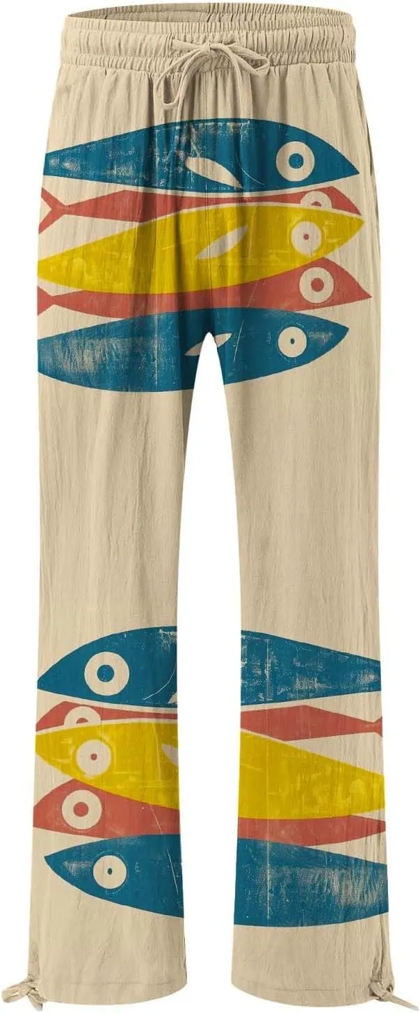 Women High Waisted Wide Leg Fish Art Printed Pants Summer Beach Trousers Casual Long Loungewear Pants with Pockets