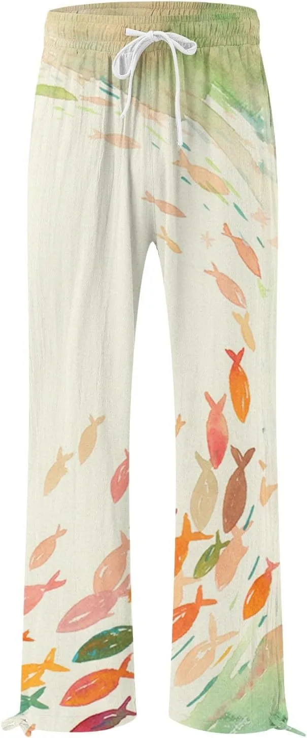 Women High Waisted Wide Leg Fish Art Printed Pants Summer Beach Trousers Casual Long Loungewear Pants with Pockets