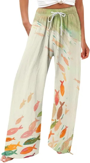 Women High Waisted Wide Leg Fish Art Printed Pants Summer Beach Trousers Casual Long Loungewear Pants with Pockets