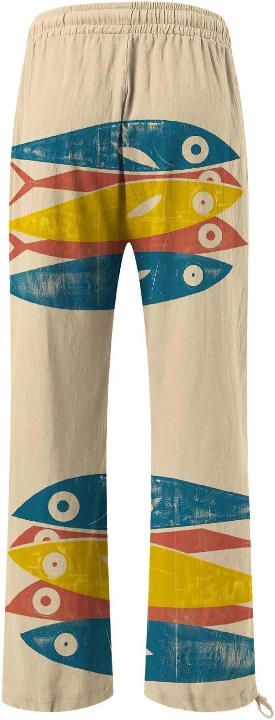 Women High Waisted Wide Leg Fish Art Printed Pants Summer Beach Trousers Casual Long Loungewear Pants with Pockets