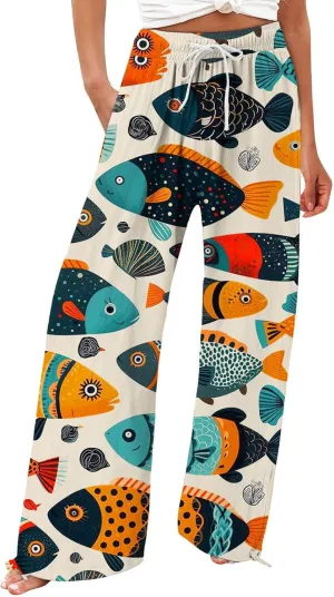 Women High Waisted Wide Leg Fish Art Printed Pants Summer Beach Trousers Casual Long Loungewear Pants with Pockets