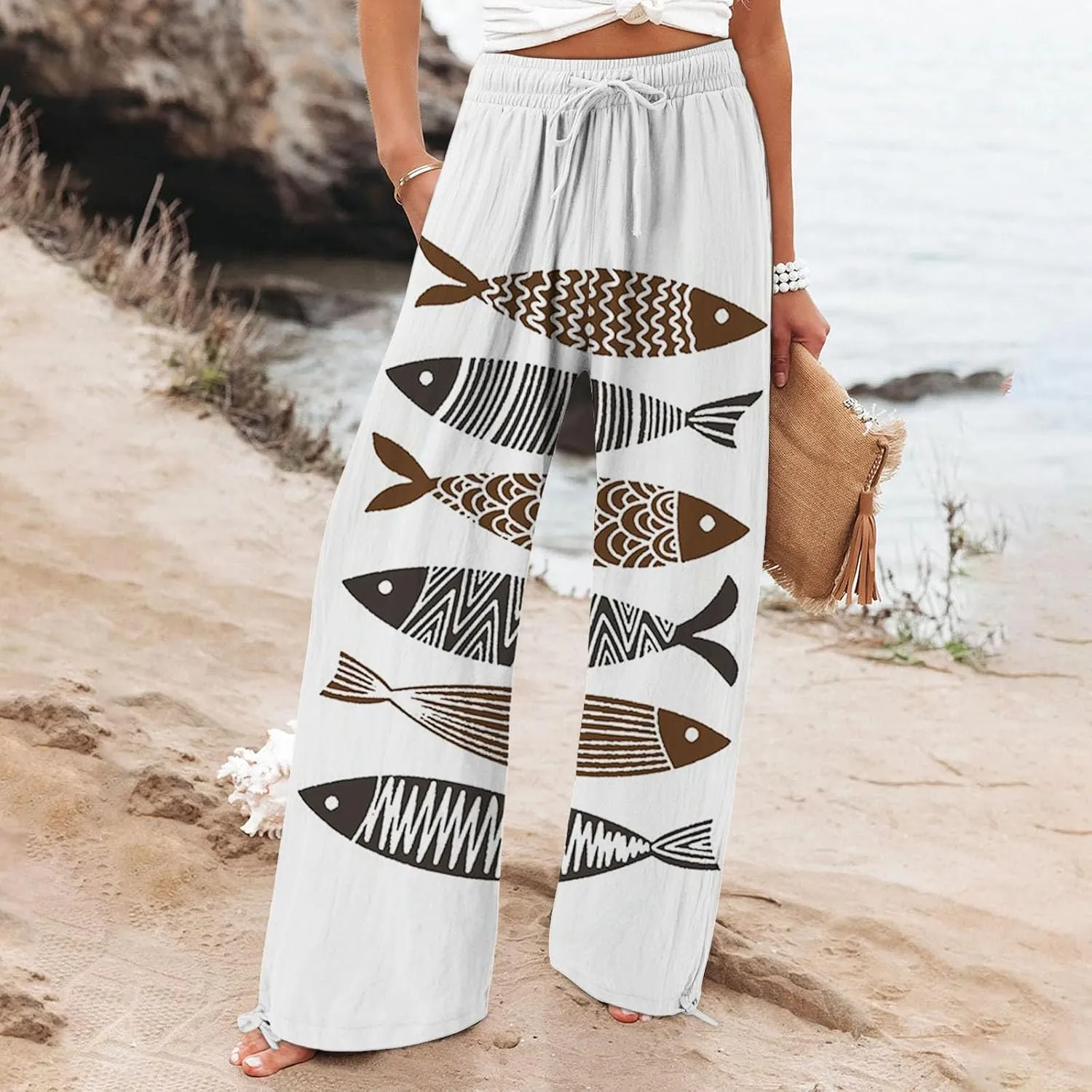 Women High Waisted Wide Leg Fish Art Printed Pants Summer Beach Trousers Casual Long Loungewear Pants with Pockets