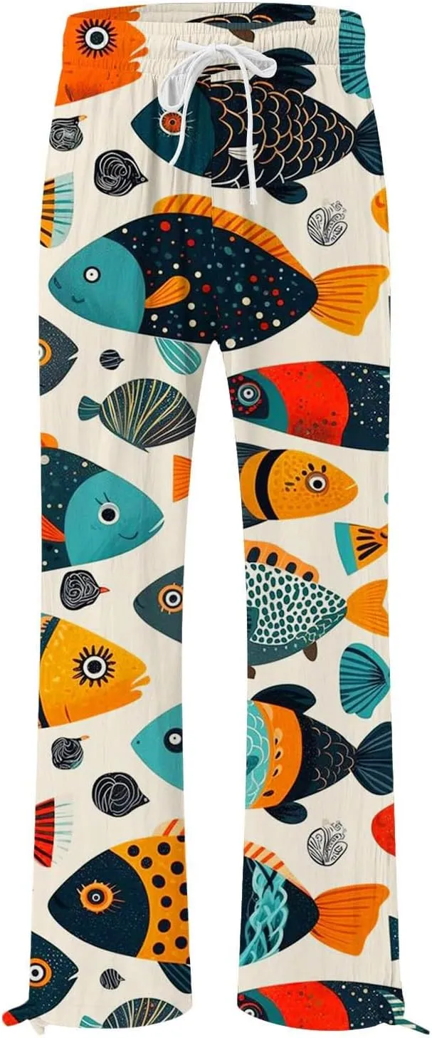 Women High Waisted Wide Leg Fish Art Printed Pants Summer Beach Trousers Casual Long Loungewear Pants with Pockets