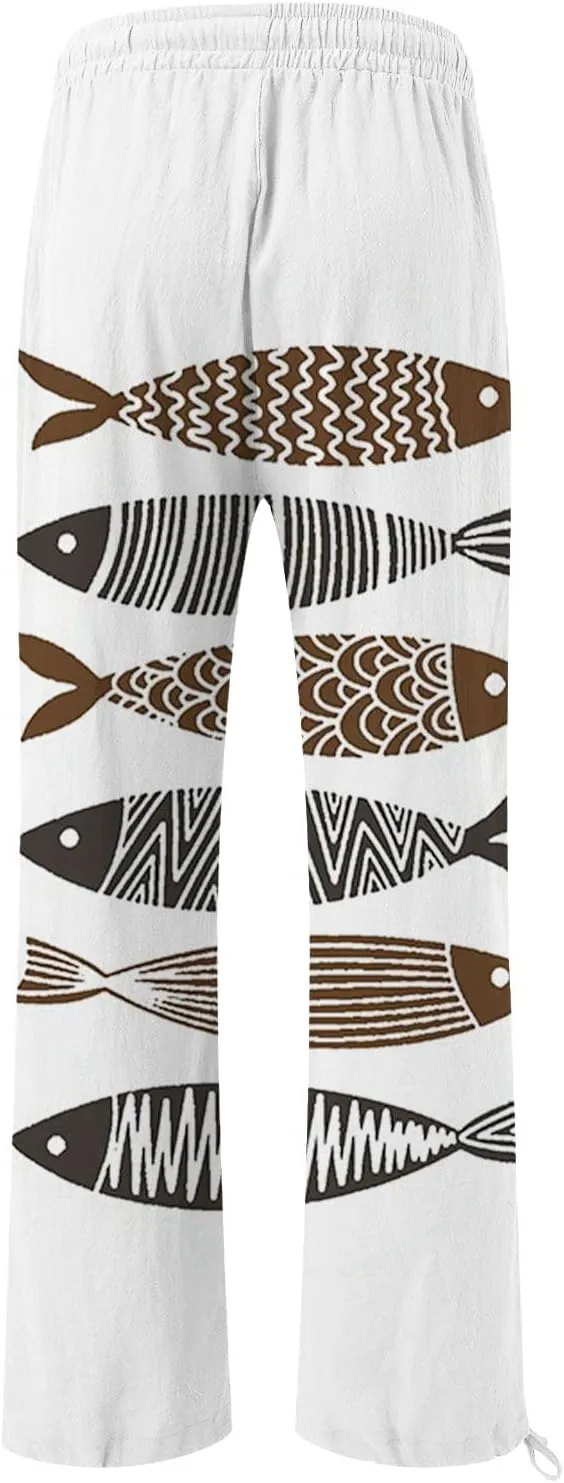 Women High Waisted Wide Leg Fish Art Printed Pants Summer Beach Trousers Casual Long Loungewear Pants with Pockets