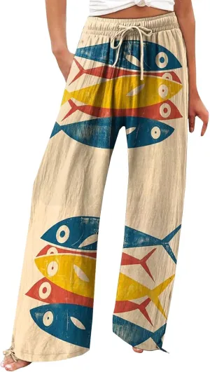 Women High Waisted Wide Leg Fish Art Printed Pants Summer Beach Trousers Casual Long Loungewear Pants with Pockets