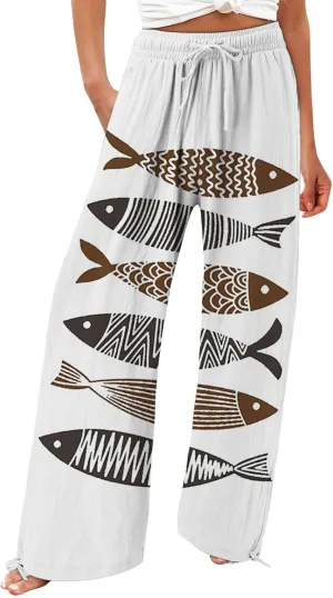 Women High Waisted Wide Leg Fish Art Printed Pants Summer Beach Trousers Casual Long Loungewear Pants with Pockets