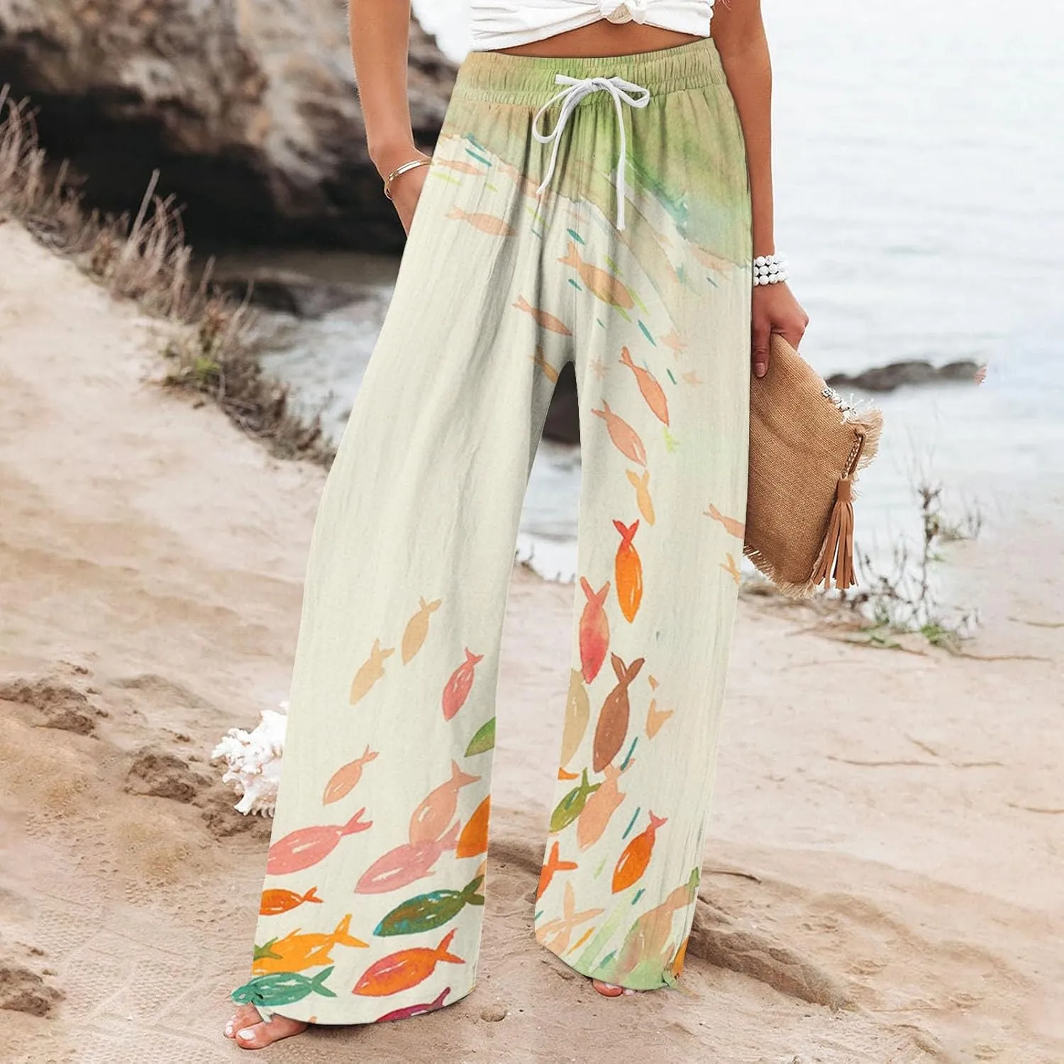 Women High Waisted Wide Leg Fish Art Printed Pants Summer Beach Trousers Casual Long Loungewear Pants with Pockets