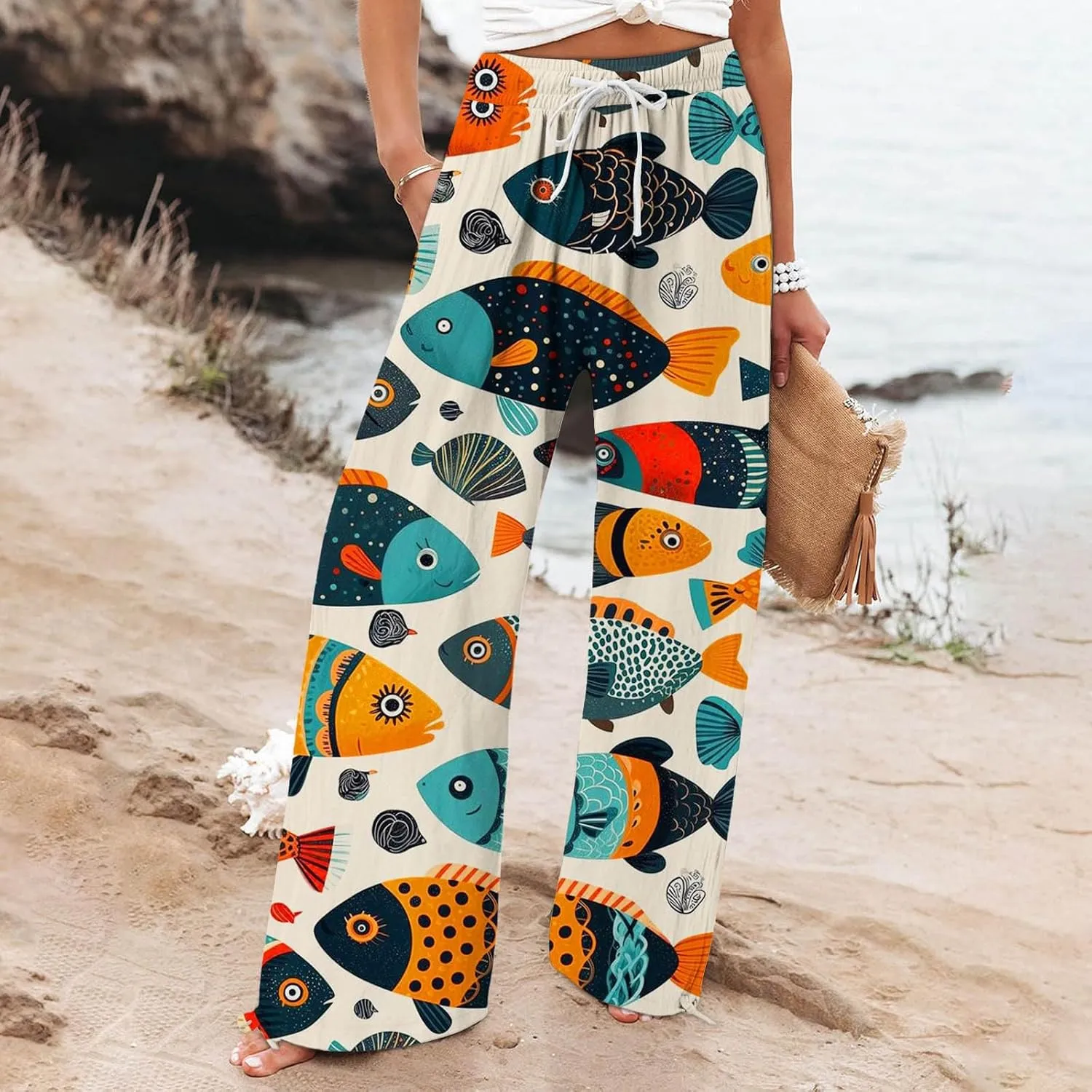 Women High Waisted Wide Leg Fish Art Printed Pants Summer Beach Trousers Casual Long Loungewear Pants with Pockets