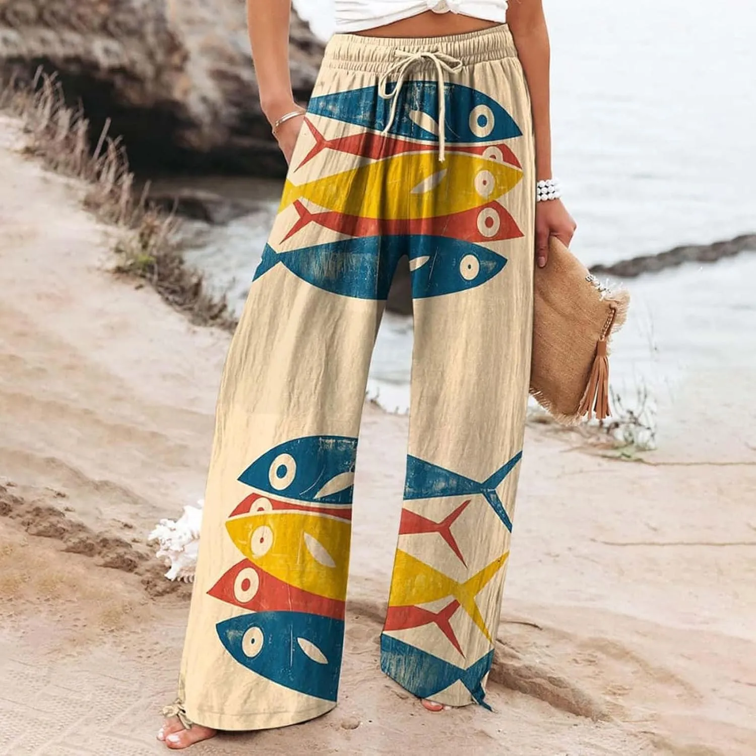 Women High Waisted Wide Leg Fish Art Printed Pants Summer Beach Trousers Casual Long Loungewear Pants with Pockets