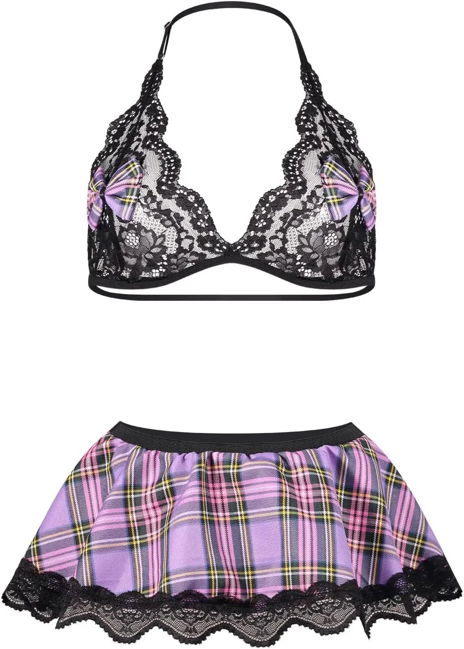 Women Lingerie School Girl Outfit Sexy Student Cosplay Schoolgirl Lace Bow Bra and Mini Pleated Skirt 2 Piece Costume