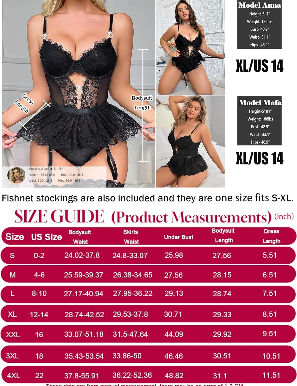 Women Lingerie Set Naughty Lace Bodysuit High Waisted Underwire Lingerie Babydoll With Garter Belt and Stockings