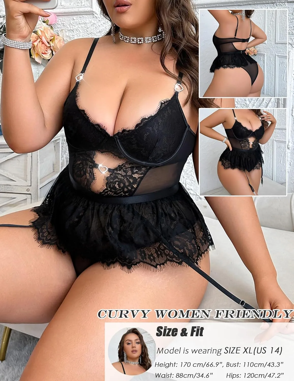 Women Lingerie Set Naughty Lace Bodysuit High Waisted Underwire Lingerie Babydoll With Garter Belt and Stockings