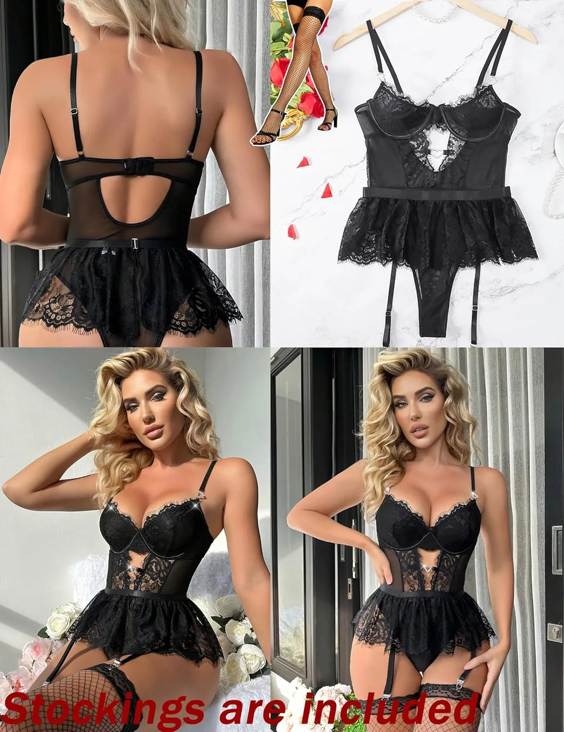 Women Lingerie Set Naughty Lace Bodysuit High Waisted Underwire Lingerie Babydoll With Garter Belt and Stockings
