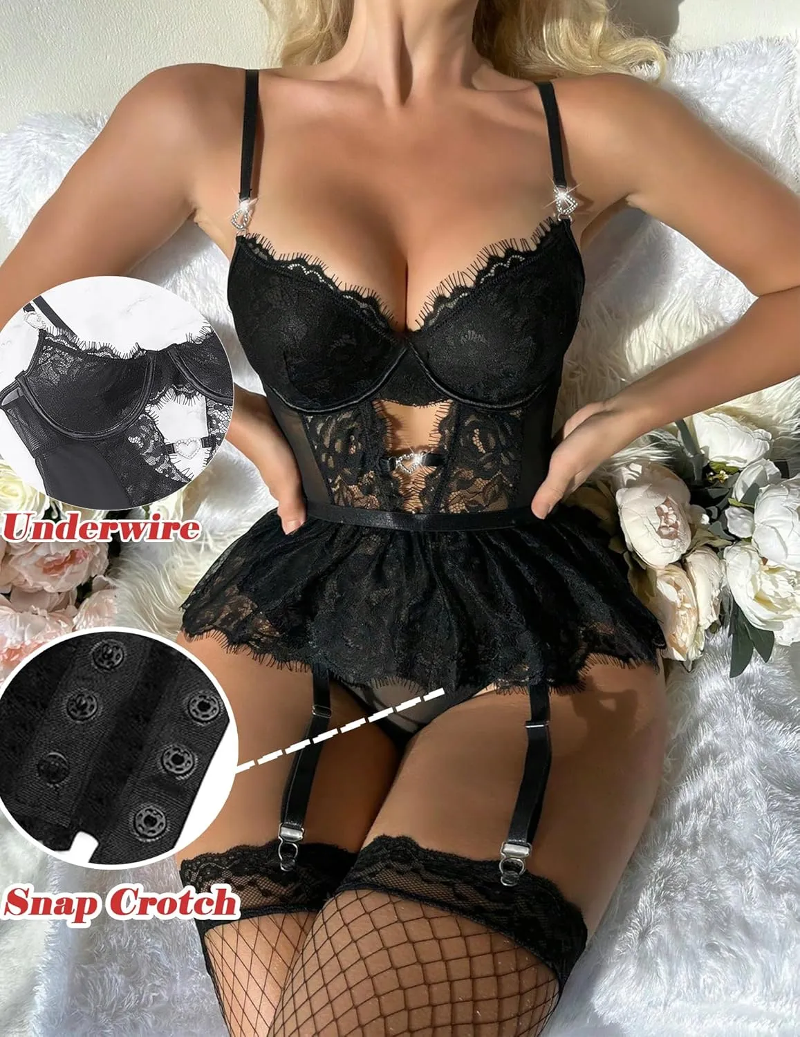 Women Lingerie Set Naughty Lace Bodysuit High Waisted Underwire Lingerie Babydoll With Garter Belt and Stockings