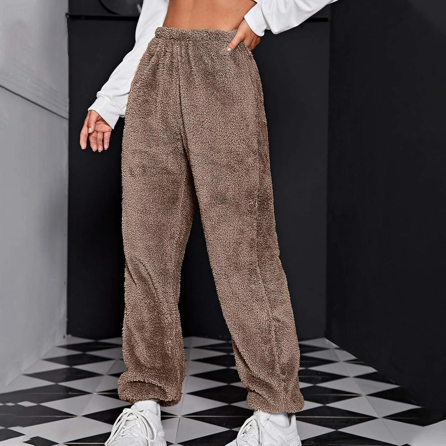 Women Sherpa Lined Pants Winter Warm Thicken Jogger Athletic Sweatpants Fuzzy Fleece Velvet Pajama Bottoms Sleepwear