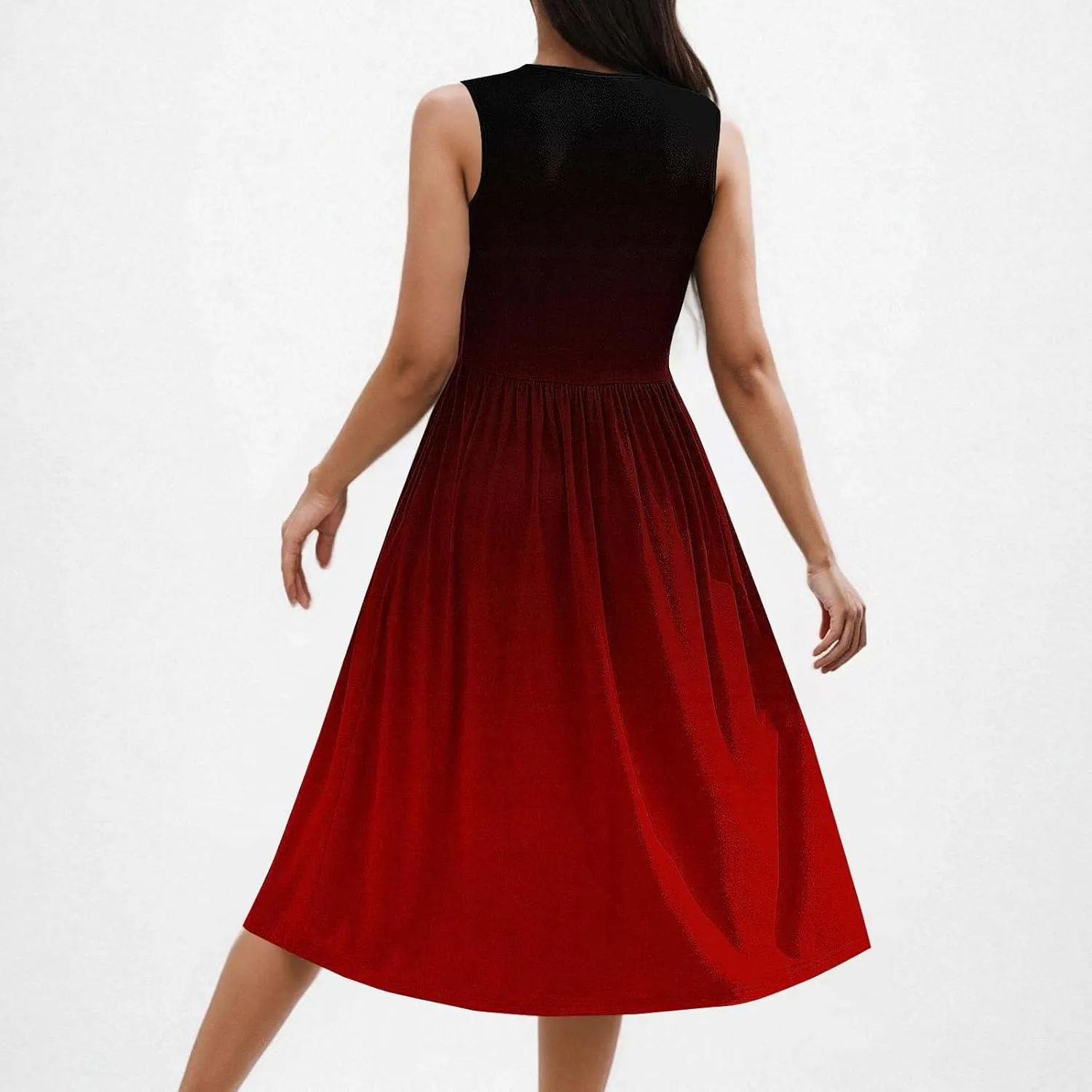 Women Sleeveless Casual Dresses Summer Trendy Midi Length Dress Gradient Color Beach Sundress Vacation Clothes