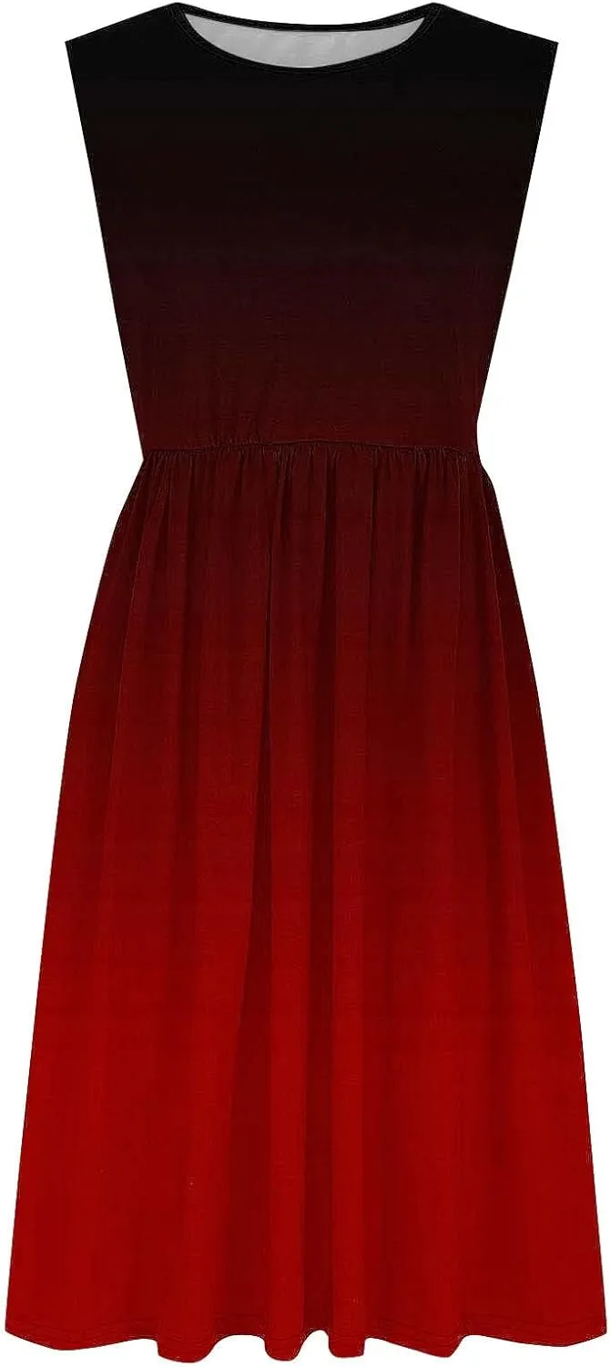 Women Sleeveless Casual Dresses Summer Trendy Midi Length Dress Gradient Color Beach Sundress Vacation Clothes