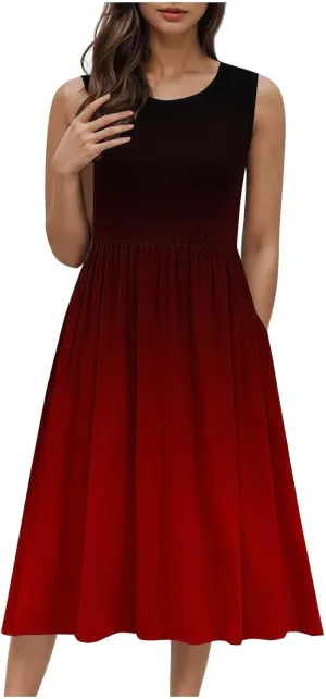 Women Sleeveless Casual Dresses Summer Trendy Midi Length Dress Gradient Color Beach Sundress Vacation Clothes