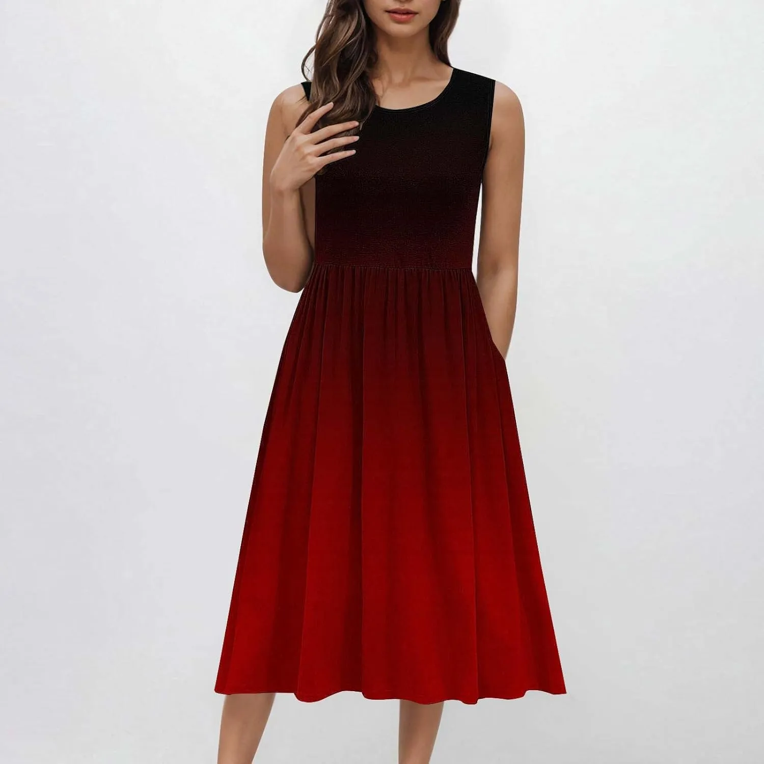 Women Sleeveless Casual Dresses Summer Trendy Midi Length Dress Gradient Color Beach Sundress Vacation Clothes