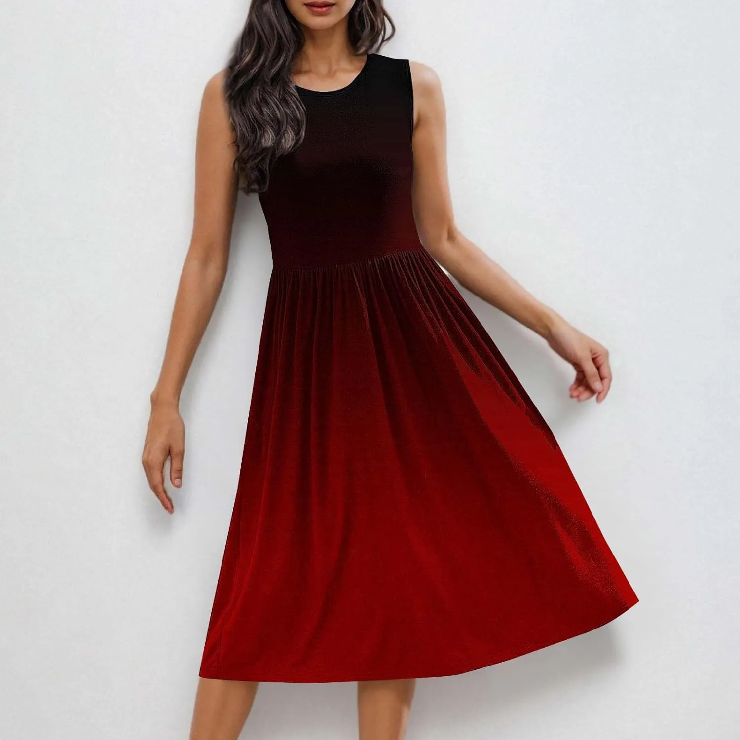 Women Sleeveless Casual Dresses Summer Trendy Midi Length Dress Gradient Color Beach Sundress Vacation Clothes