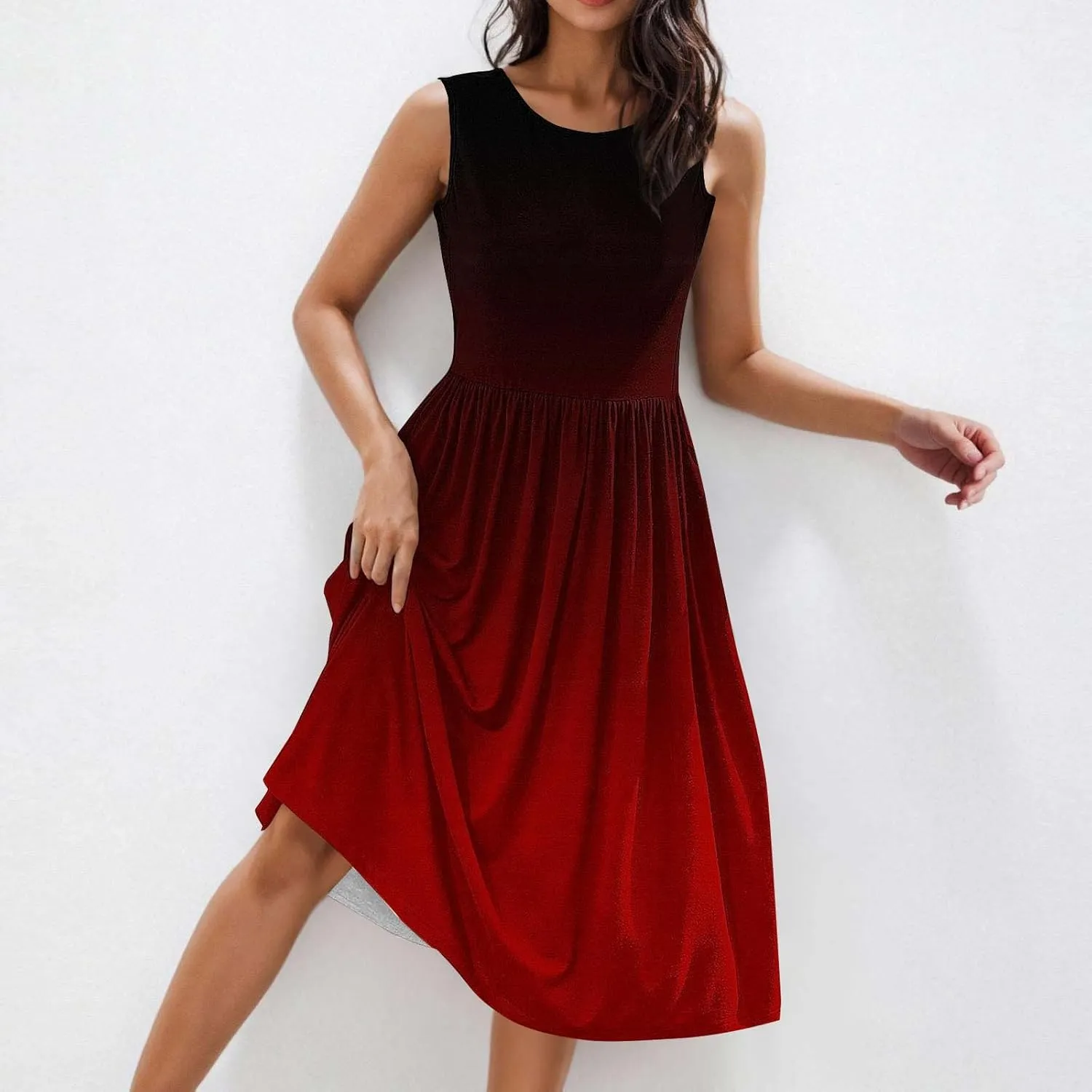 Women Sleeveless Casual Dresses Summer Trendy Midi Length Dress Gradient Color Beach Sundress Vacation Clothes