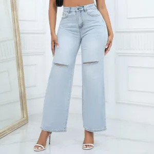 Women Straight Leg Jeans High Waisted Classic Relaxed Fit Y2k Wide Leg Ripped Button Zipper Stretch Denim Trousers