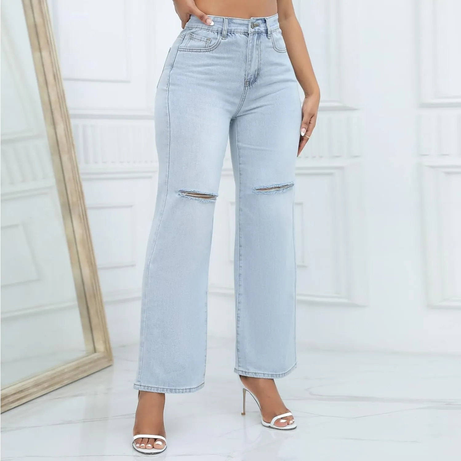 Women Straight Leg Jeans High Waisted Classic Relaxed Fit Y2k Wide Leg Ripped Button Zipper Stretch Denim Trousers