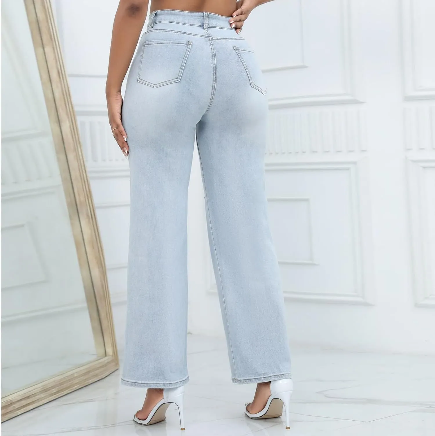 Women Straight Leg Jeans High Waisted Classic Relaxed Fit Y2k Wide Leg Ripped Button Zipper Stretch Denim Trousers