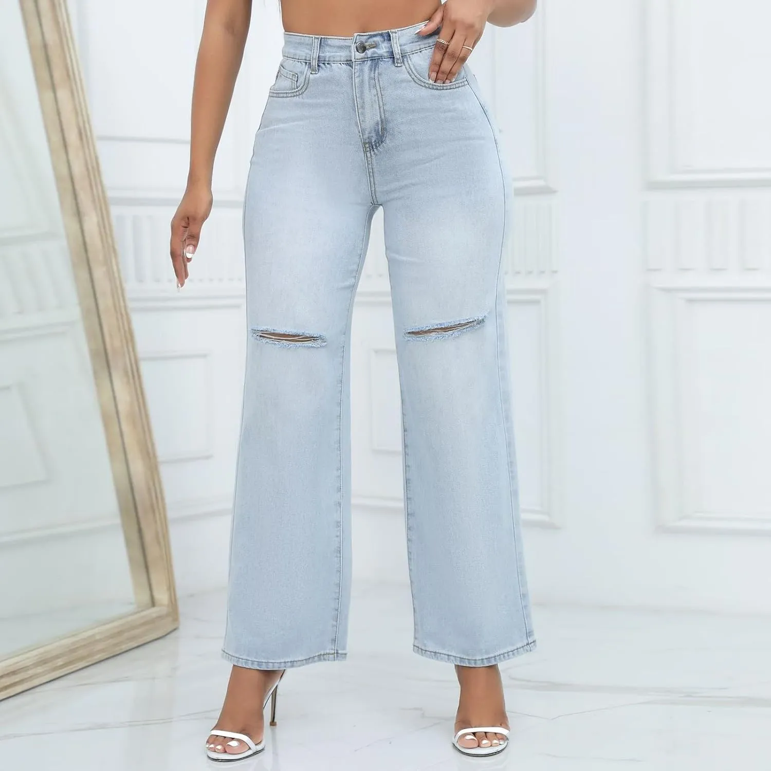 Women Straight Leg Jeans High Waisted Classic Relaxed Fit Y2k Wide Leg Ripped Button Zipper Stretch Denim Trousers