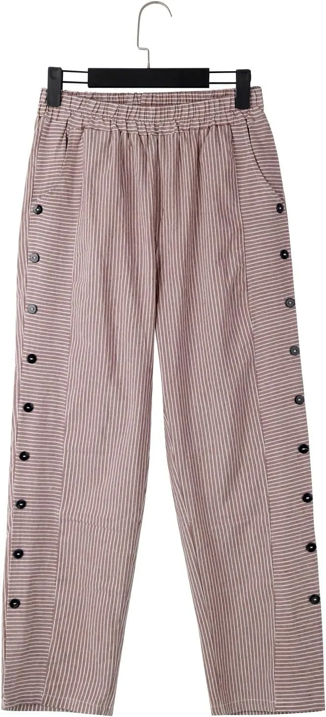 Women Striped Linen Pants Casual Breathable Wide Leg Travel Vacation Beach Pants Elastic Waist Pull On Lounge Pants