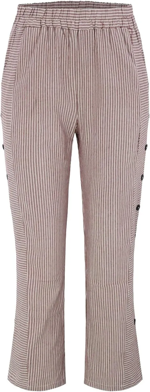 Women Striped Linen Pants Casual Breathable Wide Leg Travel Vacation Beach Pants Elastic Waist Pull On Lounge Pants