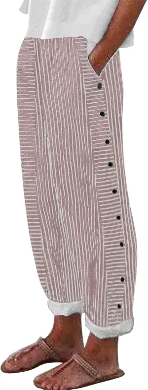 Women Striped Linen Pants Casual Breathable Wide Leg Travel Vacation Beach Pants Elastic Waist Pull On Lounge Pants