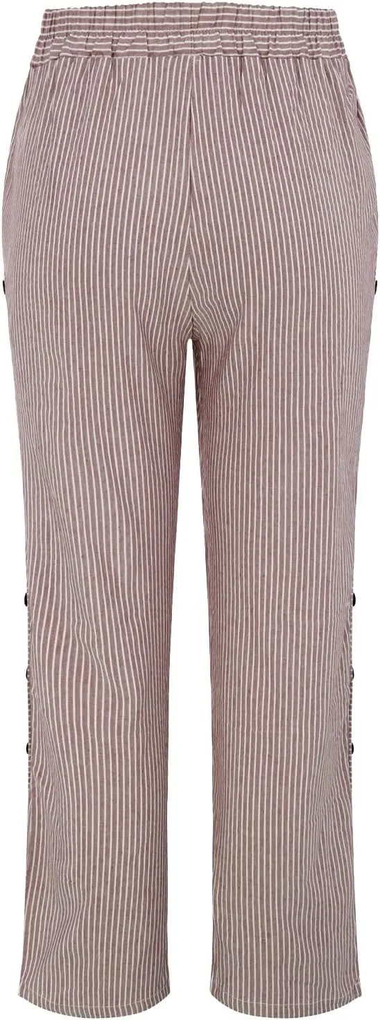 Women Striped Linen Pants Casual Breathable Wide Leg Travel Vacation Beach Pants Elastic Waist Pull On Lounge Pants