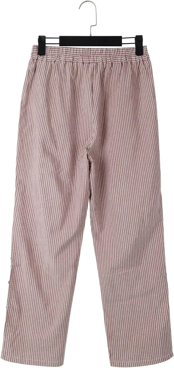 Women Striped Linen Pants Casual Breathable Wide Leg Travel Vacation Beach Pants Elastic Waist Pull On Lounge Pants