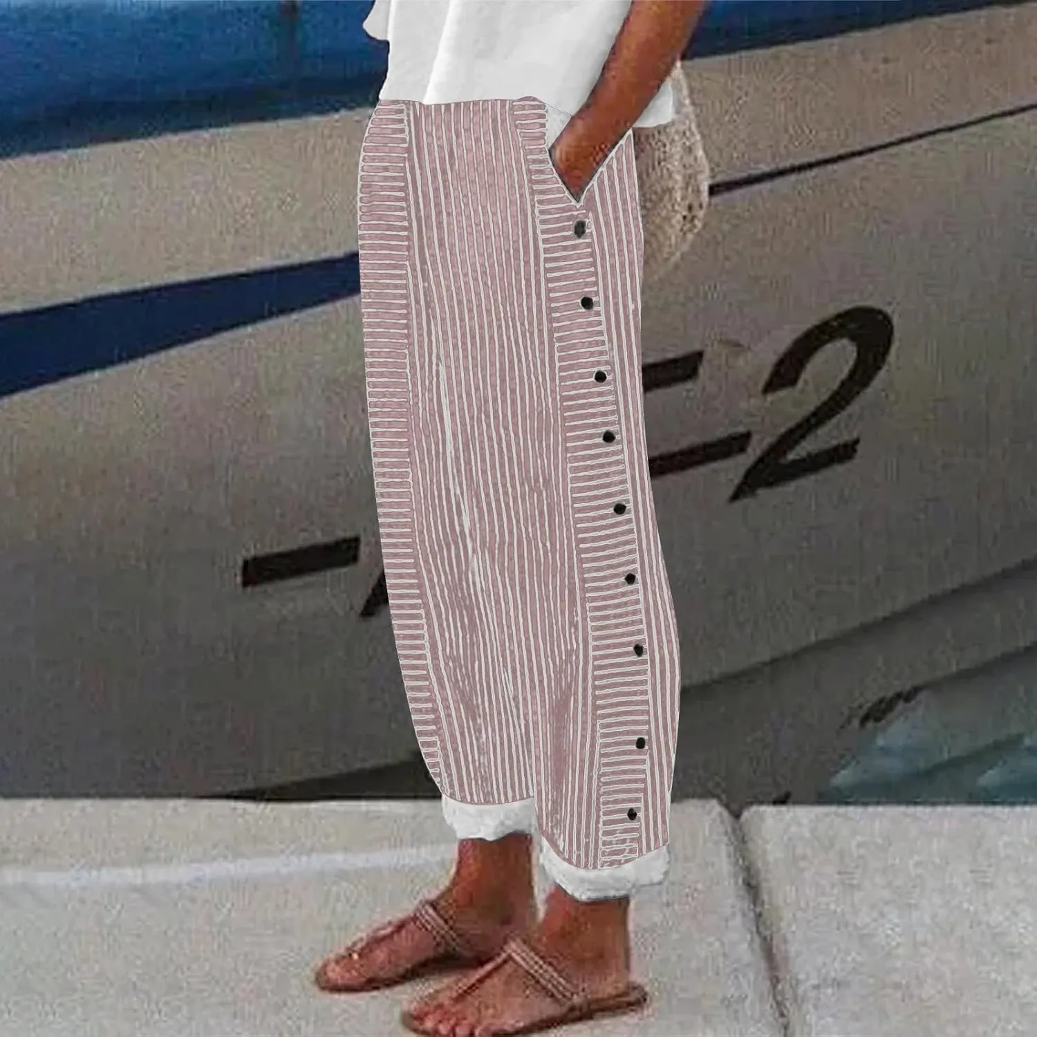 Women Striped Linen Pants Casual Breathable Wide Leg Travel Vacation Beach Pants Elastic Waist Pull On Lounge Pants