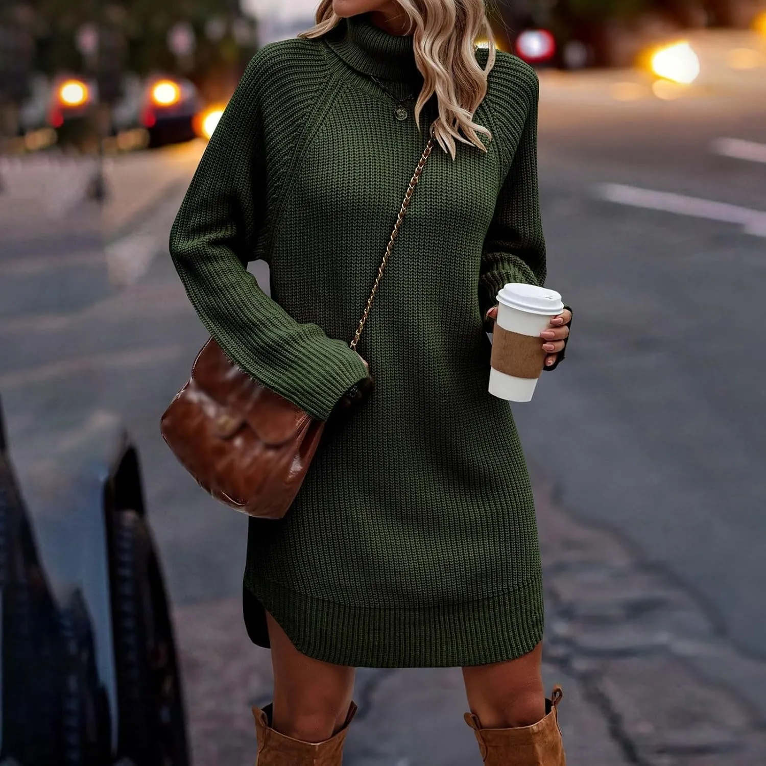 Women's 2023 Fall Winter Long Sleeve Turtleneck Sweaters Soft Knit Oversized Long Pullover Sweater Dress