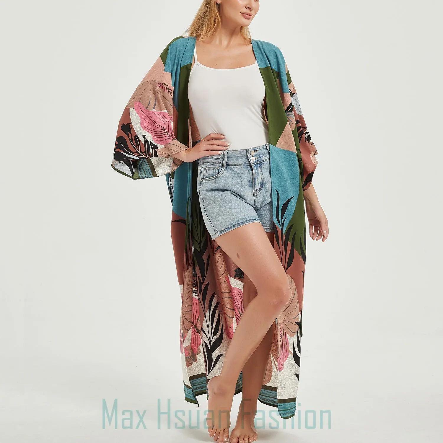 Women's Bohemian Floral Print Kimono Cardigan Summer Swimsuit Beach Cover Up Dresses