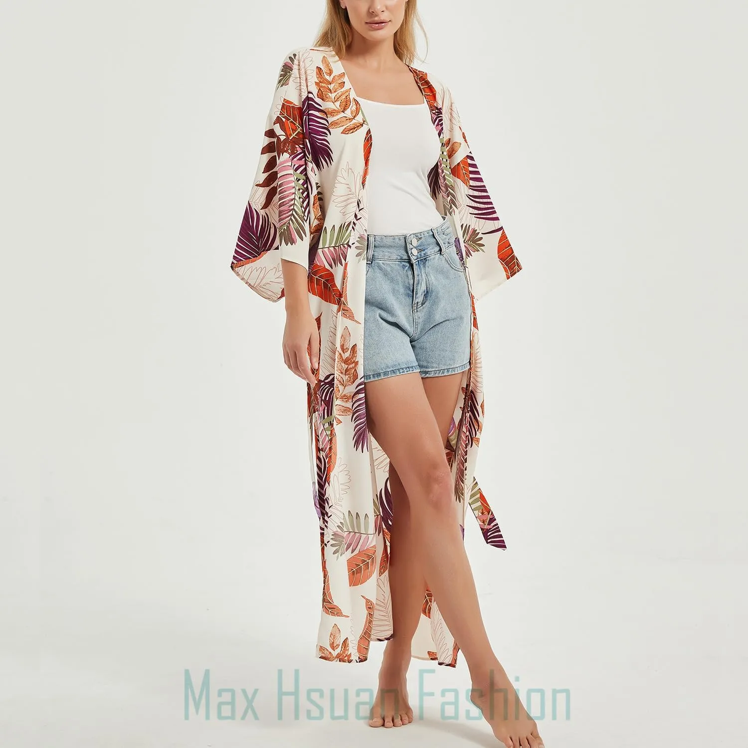 Women's Bohemian Floral Print Kimono Cardigan Summer Swimsuit Beach Cover Up Dresses