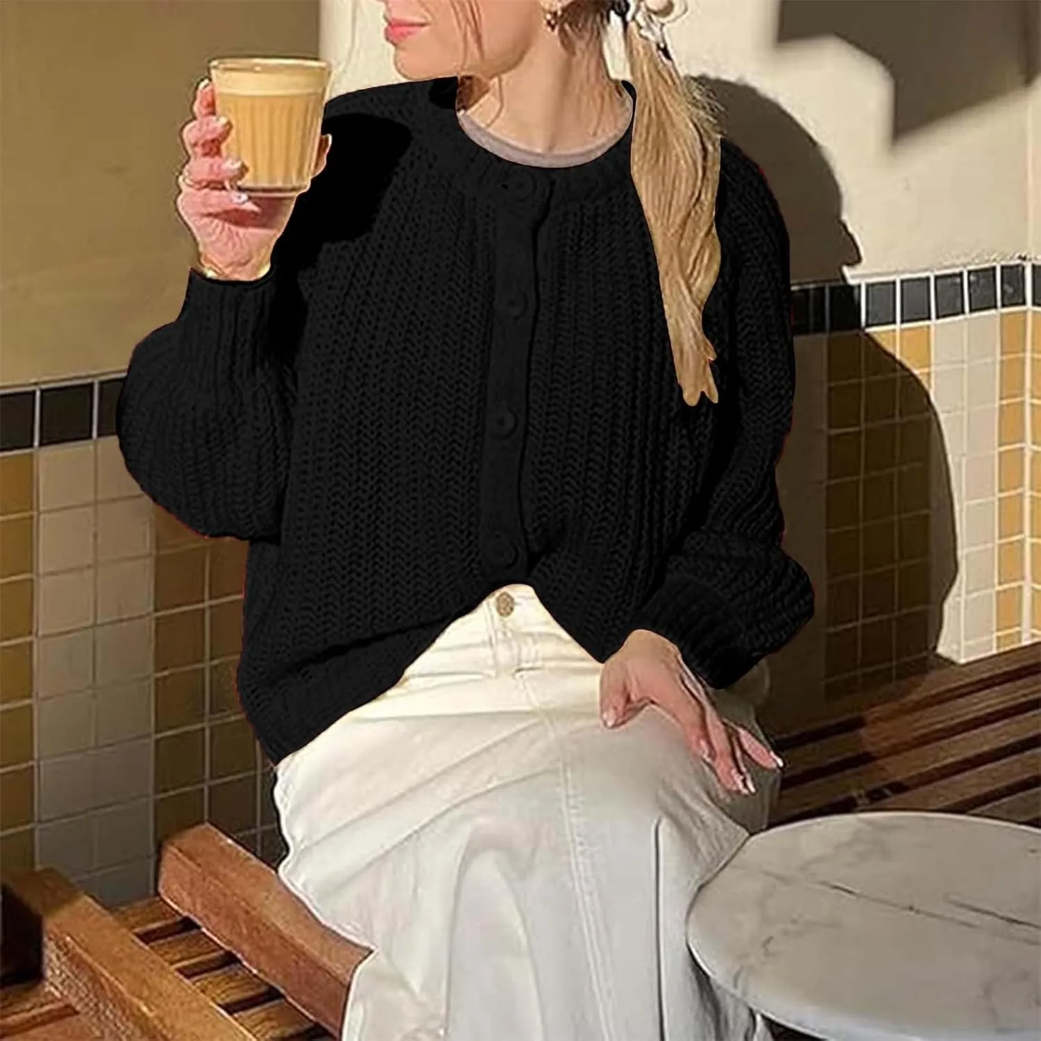 Womens Cardigan Sweater Button Down Long Sleeve Chunky Soft Knit Sweater Fall Open Front Loose Casual Cardigan Coat