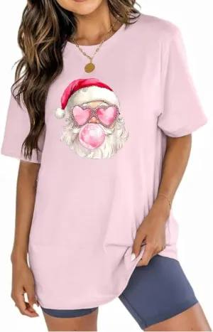 Womens Cotton Christmas Tshirts Loose Fit Oversized Boyfriend Long Tee Shirts Tunic Christmas Tops
