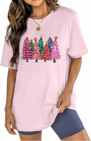 Womens Cotton Christmas Tshirts Loose Fit Oversized Boyfriend Long Tee Shirts Tunic Christmas Tops