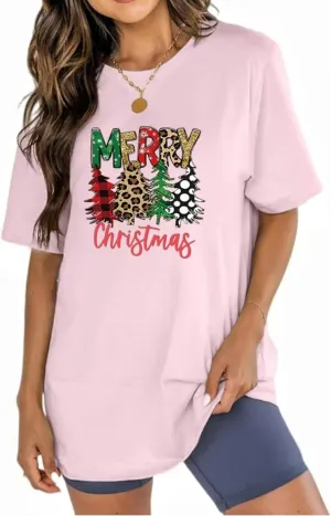 Womens Cotton Christmas Tshirts Loose Fit Oversized Boyfriend Long Tee Shirts Tunic Christmas Tops