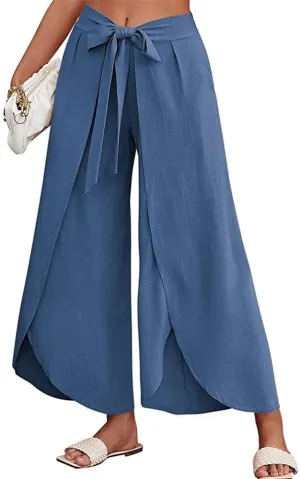 Womens Cotton Linen Wide Leg Pants Pants High Waist Flowy Boho Oversized Pants Casual Summer Comfy Baggy Trousers