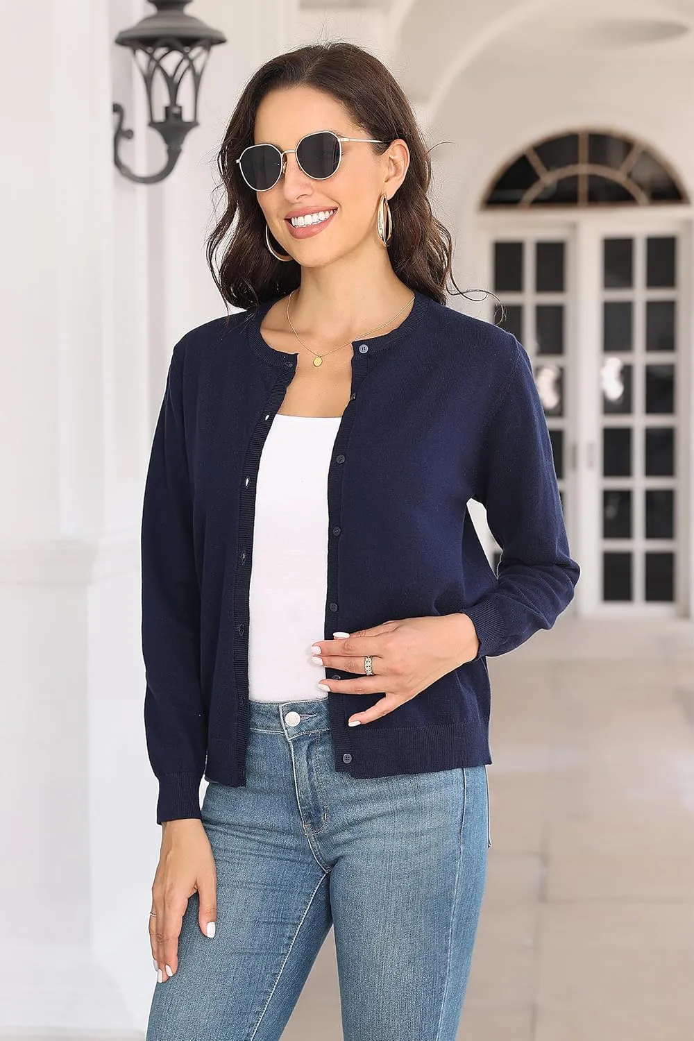 Women's Crew Neck Button Down Long Sleeve Cardigan for Women Classic Soft Knit Ladies Cardigan Sweater Coat