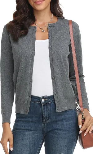 Women's Crew Neck Button Down Long Sleeve Cardigan for Women Classic Soft Knit Ladies Cardigan Sweater Coat